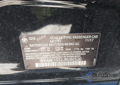 2018 BMW 320I z USA, uszkodzony, nr VIN WBA8E1G52JNU92530